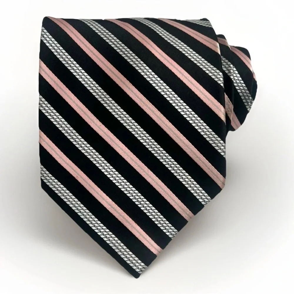 Pierre Cardin 100% Silk Handmade Designer Tie Black Peach Striped Luxury Necktie